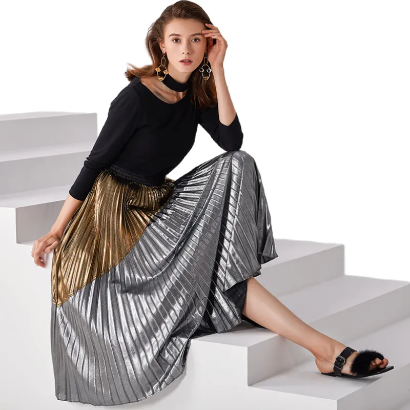 C018 Women metallic printed color-block full circle sunburst pleated evening midi skirt