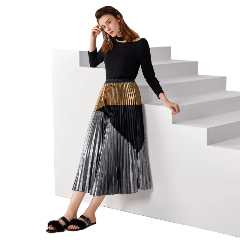 C018 Women metallic printed color-block full circle sunburst pleated evening midi skirt