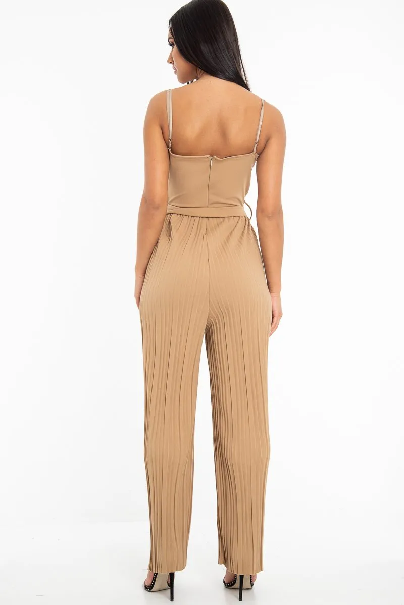 Camel Strapless Belted Pleated Wide Leg Jumpsuit - Jasmine