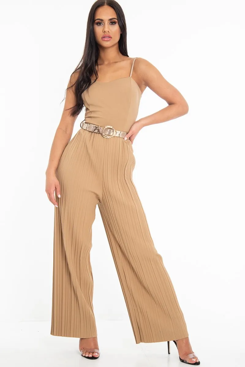 Camel Strapless Belted Pleated Wide Leg Jumpsuit - Jasmine