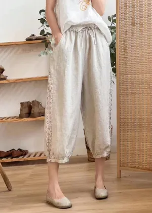 Casual Linen Color Hollow Out Pockets Elastic Waist Harem Pants Summer BV077