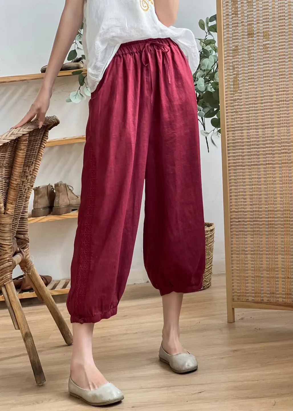 Casual Linen Color Hollow Out Pockets Elastic Waist Harem Pants Summer BV077