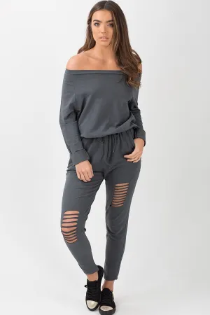 Charcoal Bardot Distressed Jumpsuit - Bethan