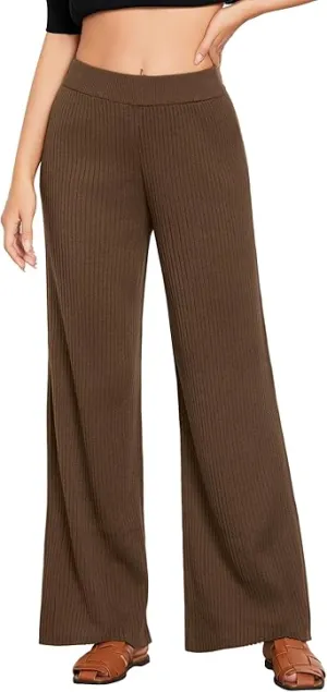 Coffee Brown Women's Casual Elastic Waist Full Length High Waisted Relaxed Fit Stretch Wide Leg Pants in Acrylic Fibers