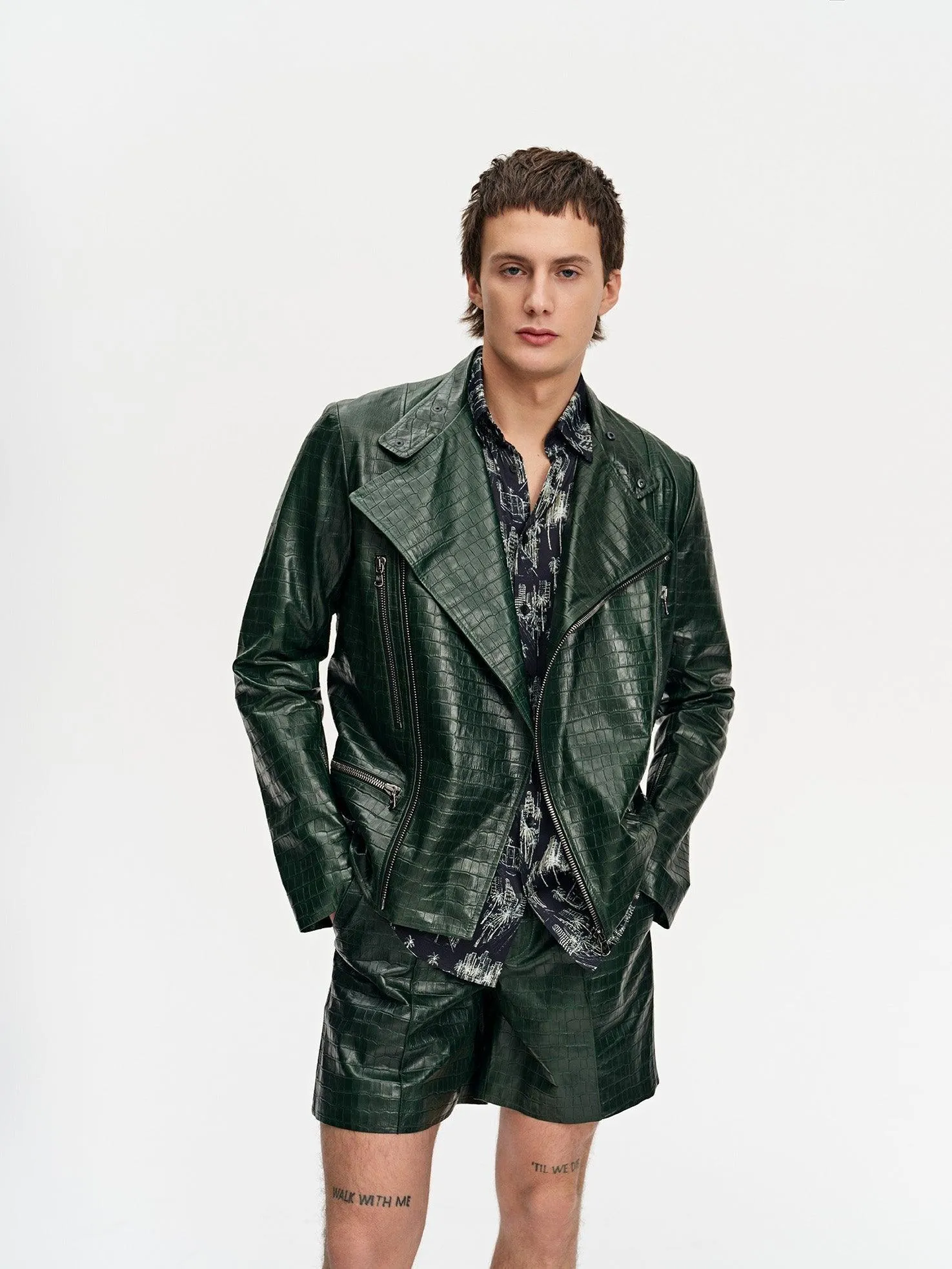 ﻿Croc-Embossed Leather Jacket For Men