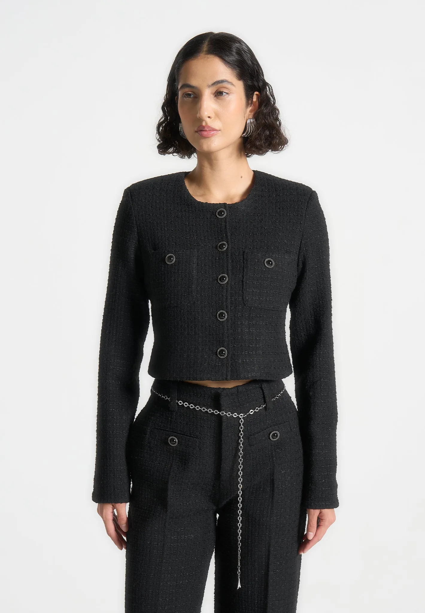 Cropped Tweed Jacket with Pearls - Black