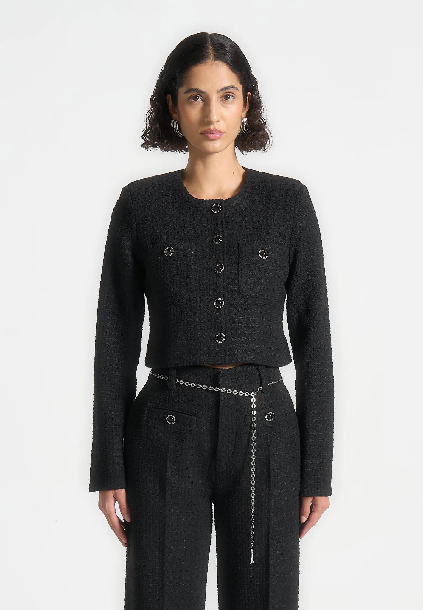 Cropped Tweed Jacket with Pearls - Black