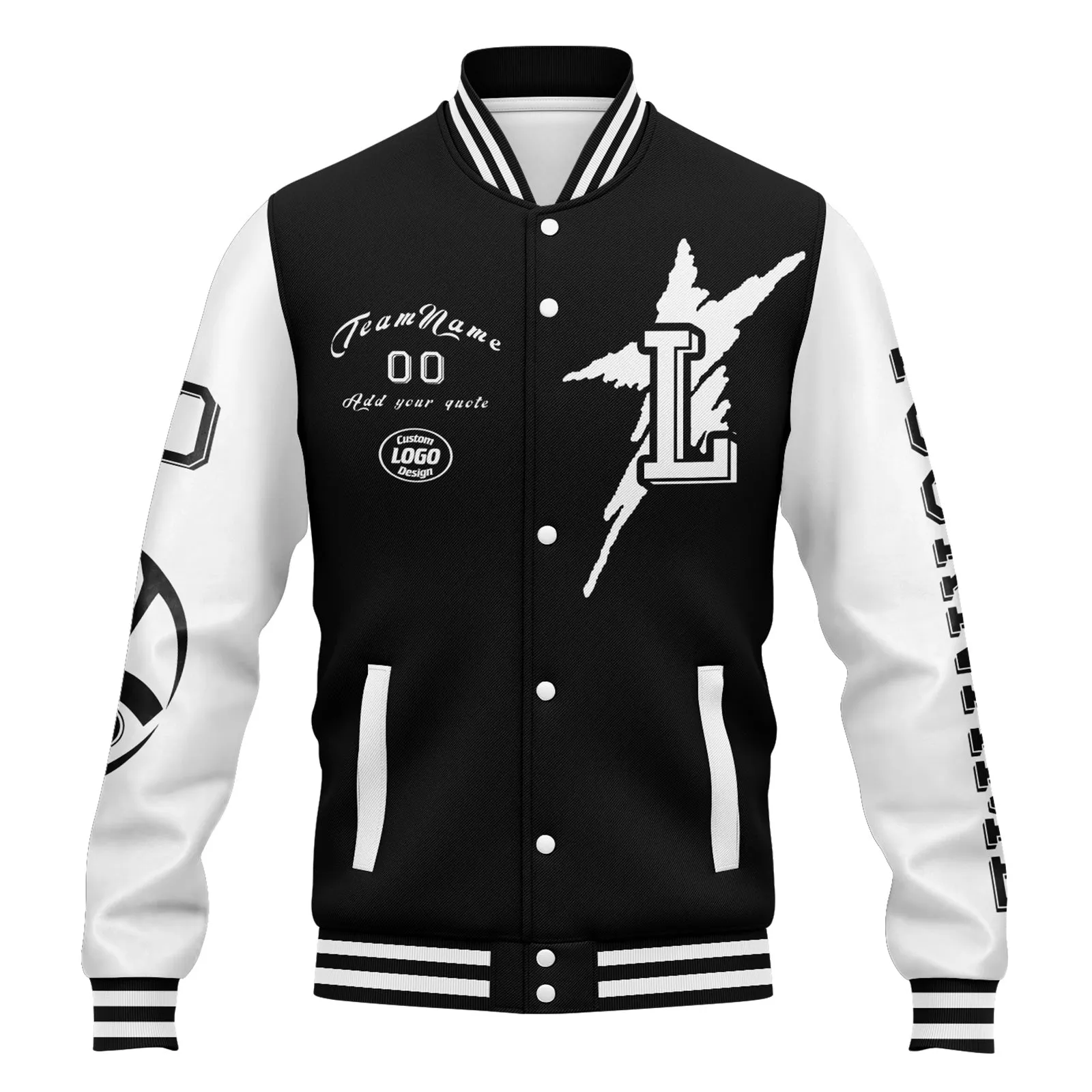 Custom Black White Las Vegas Jacket Bomber Full-Snap Varsity Letterman Personalized Jacket FZ005SX-D020290-20