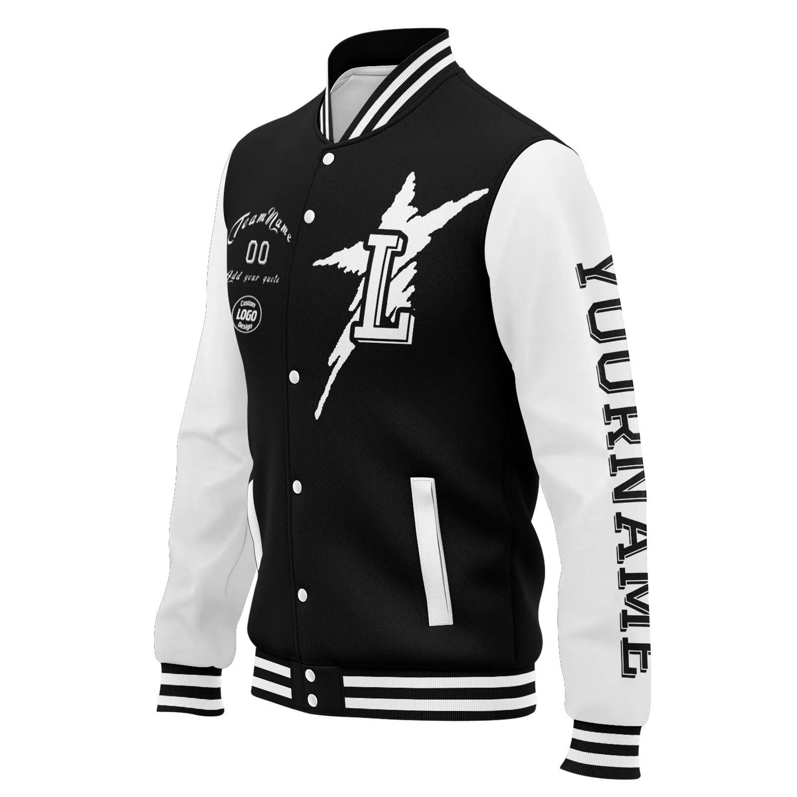 Custom Black White Las Vegas Jacket Bomber Full-Snap Varsity Letterman Personalized Jacket FZ005SX-D020290-20