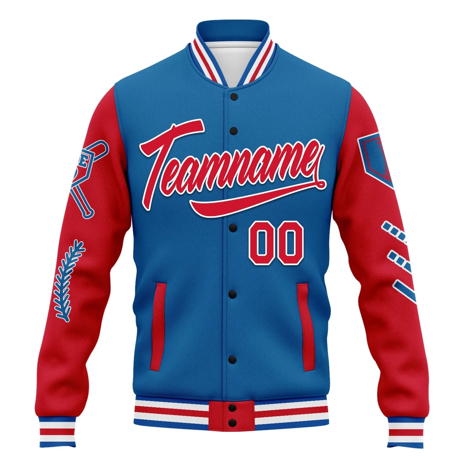 Custom Blue Red Raglan Sleeves Jacket Bomber Full-Snap Varsity Letterman Personalized Jacket FZ005-D023002-4