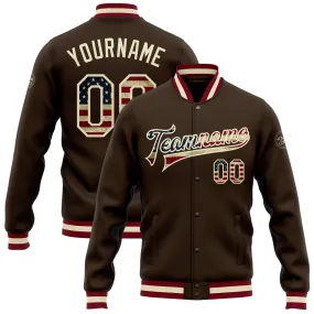 Custom Brown Vintage USA Flag Cream-Maroon Bomber Full-Snap Varsity Letterman Jacket