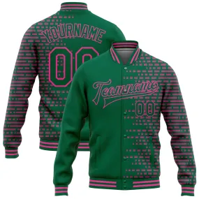 Custom Kelly Green Pink Halftone 3D Pattern Design Bomber Full-Snap Varsity Letterman Jacket