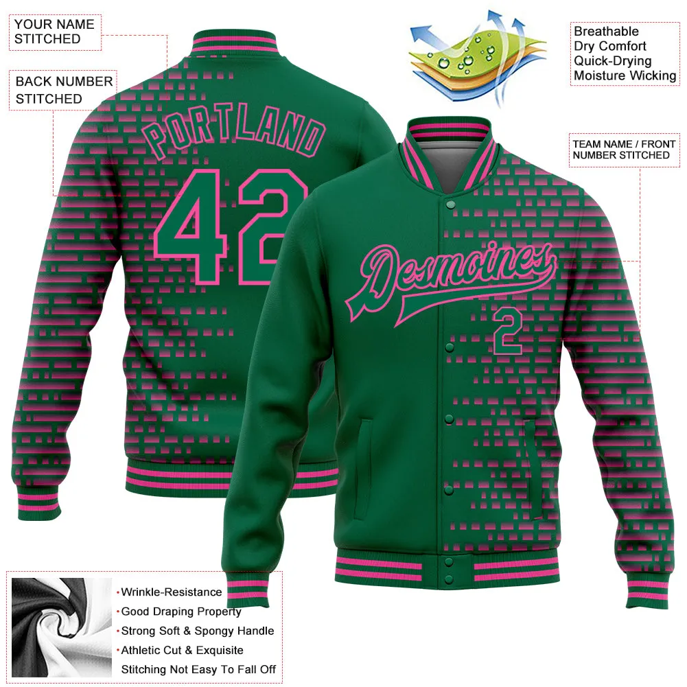 Custom Kelly Green Pink Halftone 3D Pattern Design Bomber Full-Snap Varsity Letterman Jacket