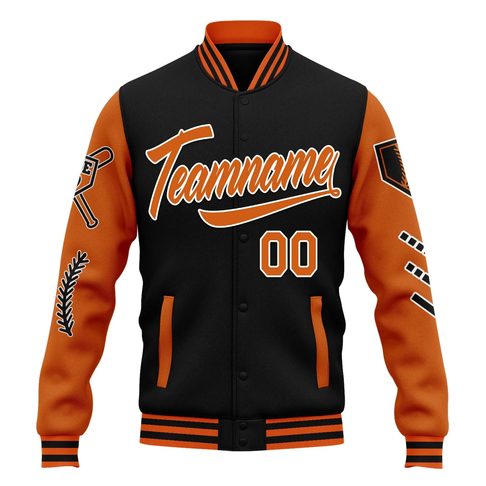 Custom Orange Black Raglan Sleeves Jacket Bomber Full-Snap Varsity Letterman Personalized Jacket FZ005-D023002-5