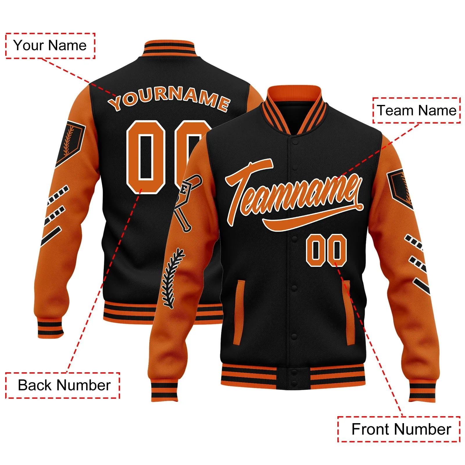 Custom Orange Black Raglan Sleeves Jacket Bomber Full-Snap Varsity Letterman Personalized Jacket FZ005-D023002-5