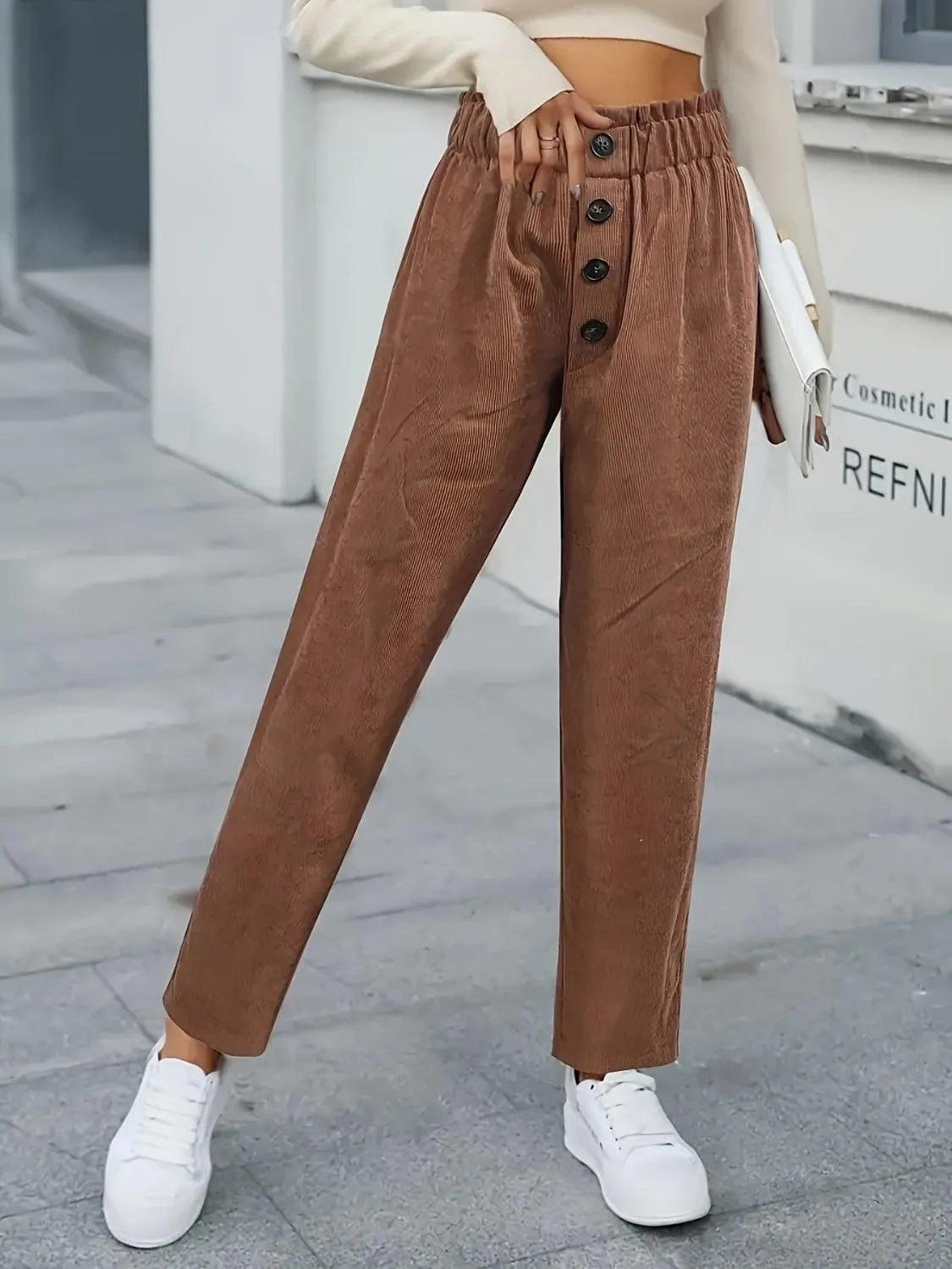 Decorative Button High Waist Pants