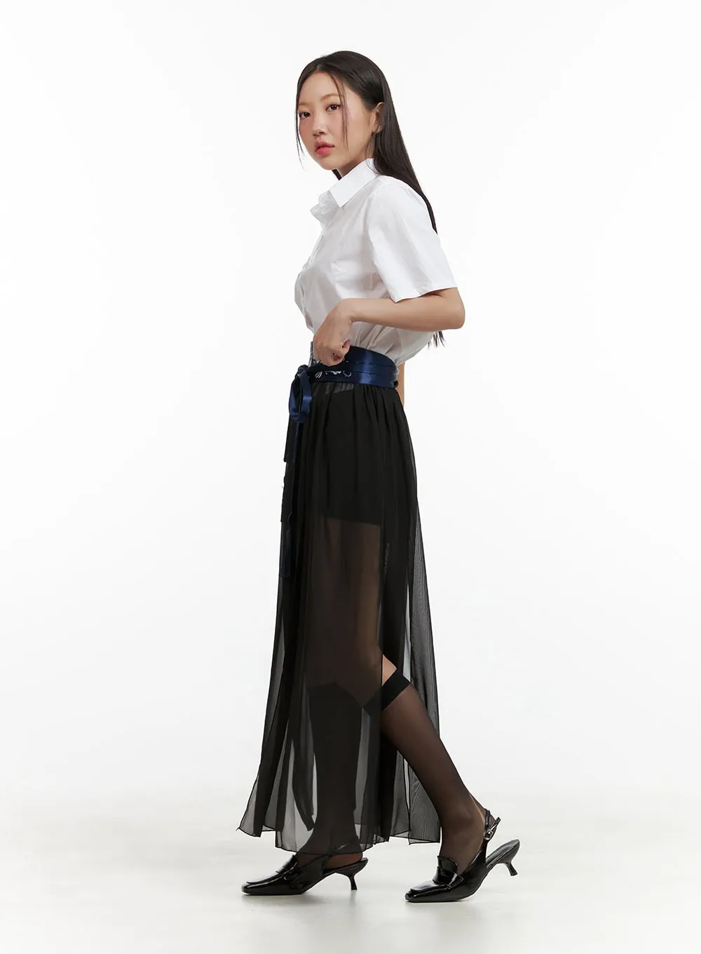 Deep Slit Mesh Maxi Skirt OU403