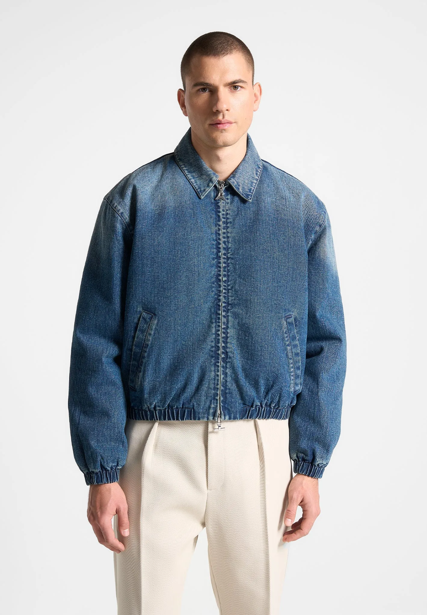 Denim Padded Cropped Bomber Jacket - Mid Blue