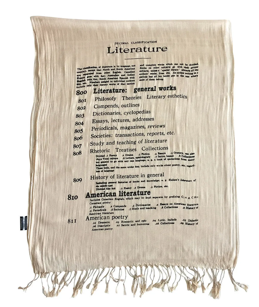 Dewey Decimal Scarf. Literary print luxe weight fringed scarf