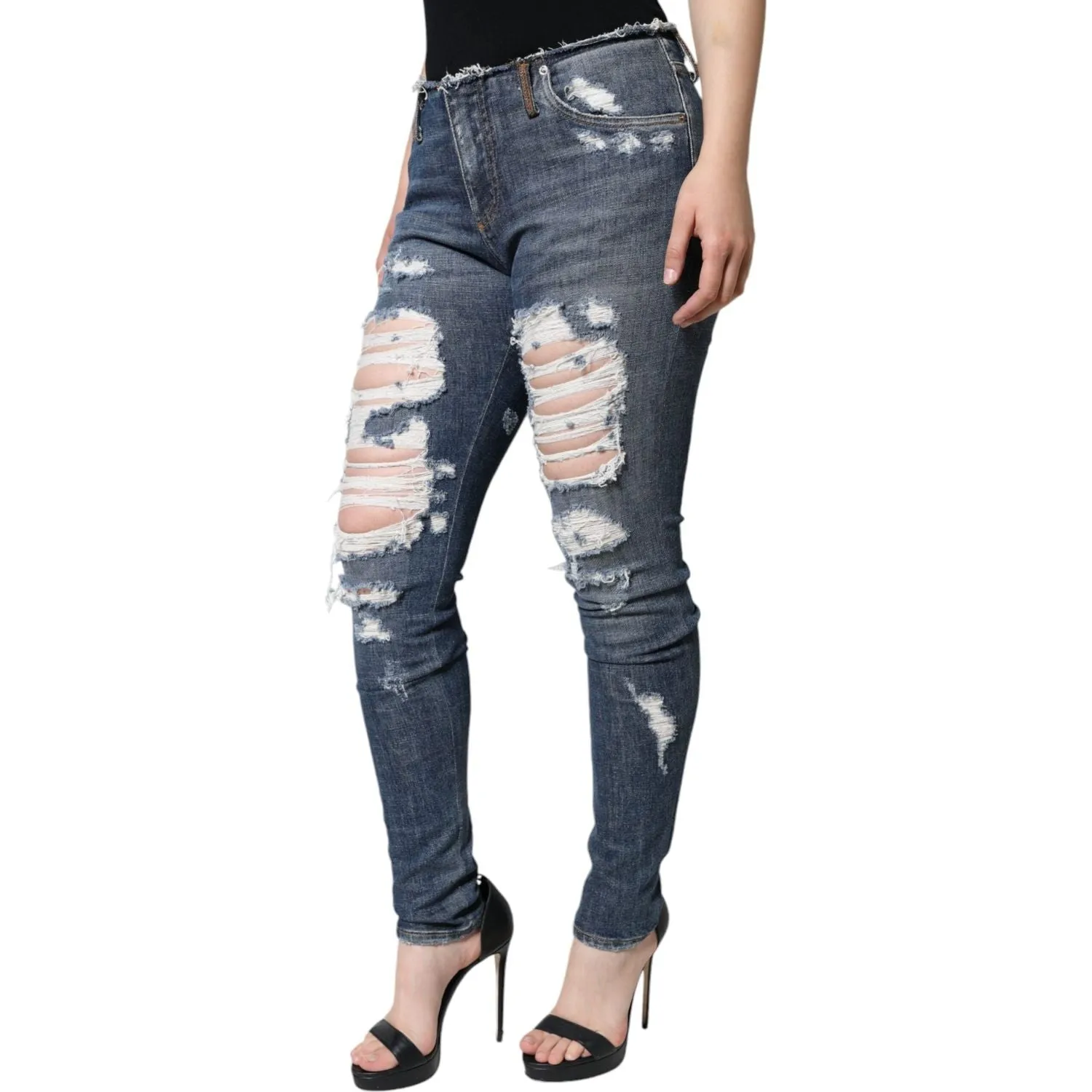 Dolce & Gabbana Blue Cotton Stretch Tattered Skinny Jeans