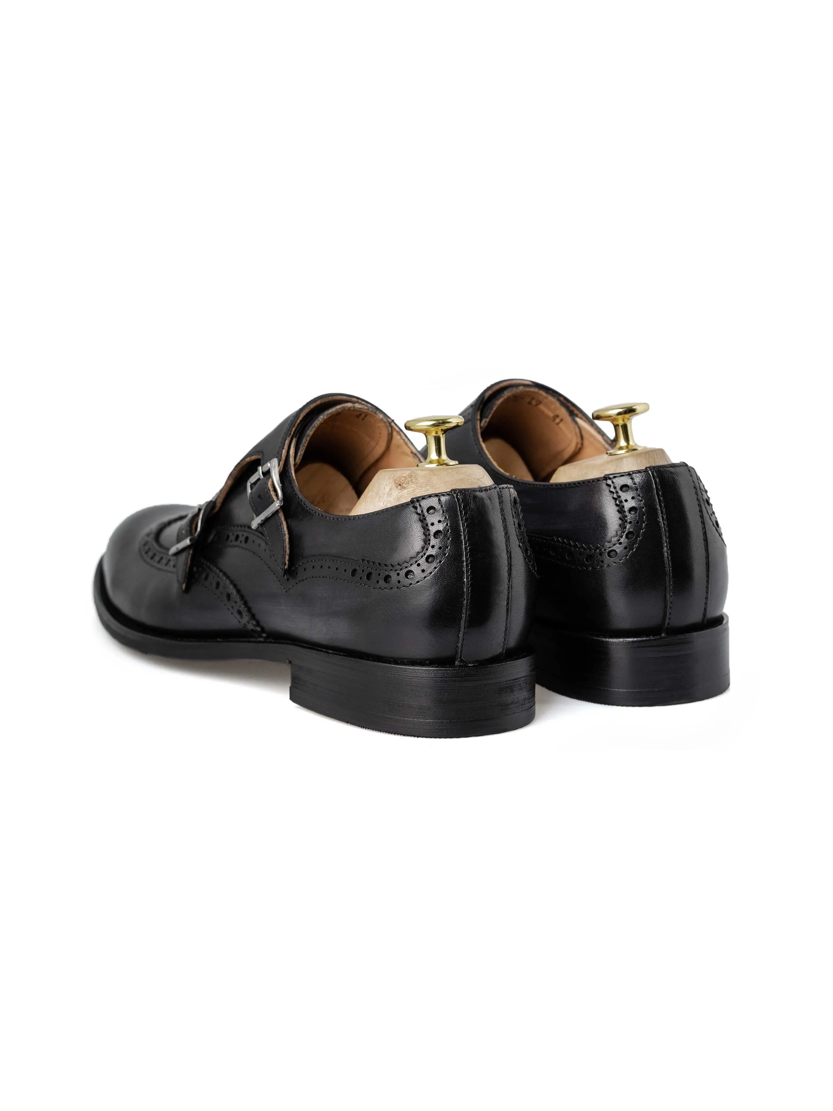 Double Monk Strap Brogue Wingtip - Duo Tone Black (Hand Painted Patina)