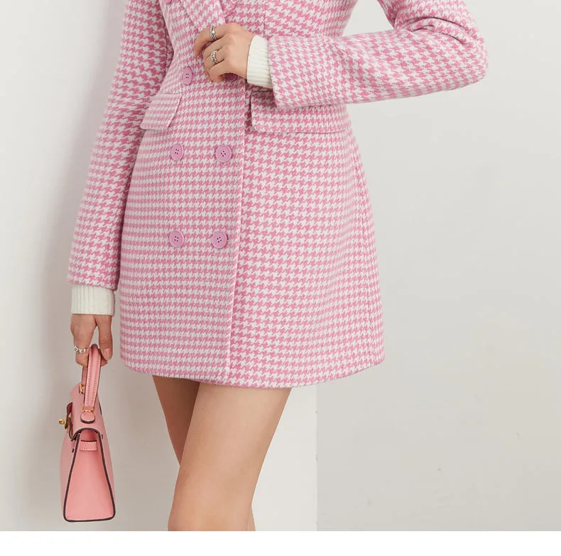 DPLAY pink hounds tooth saddle waist lapel suit woolen coat - Yoi