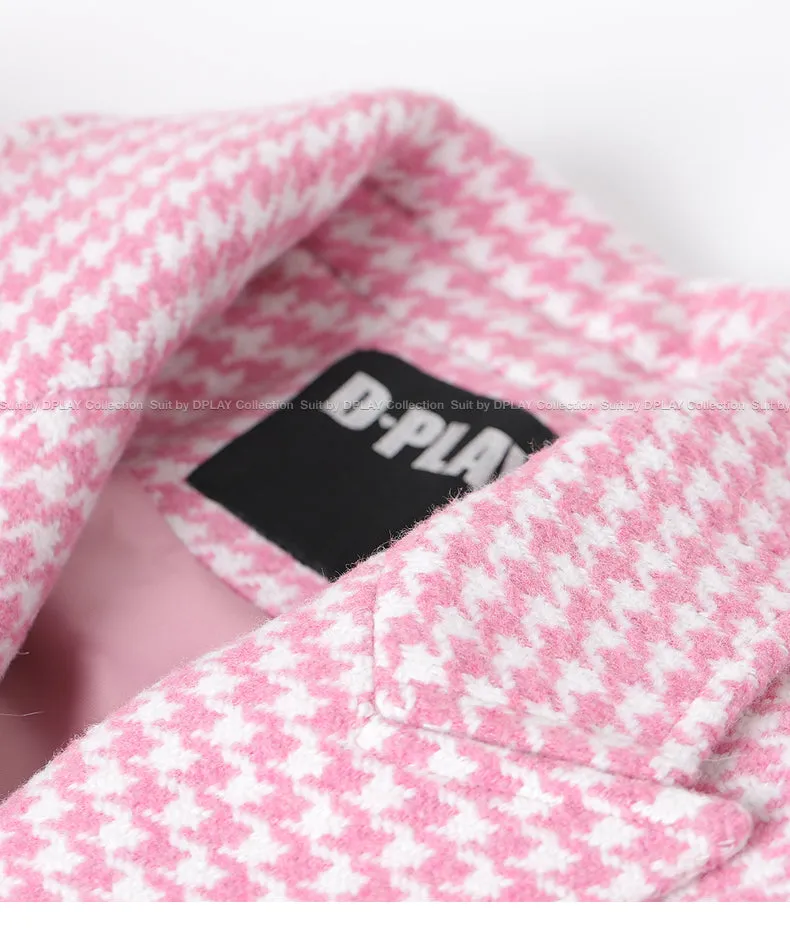 DPLAY pink hounds tooth saddle waist lapel suit woolen coat - Yoi