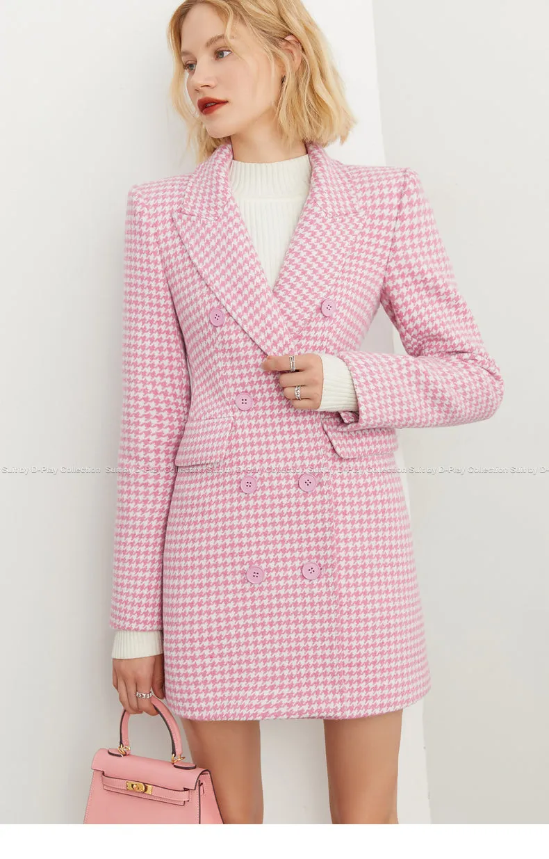 DPLAY pink hounds tooth saddle waist lapel suit woolen coat - Yoi