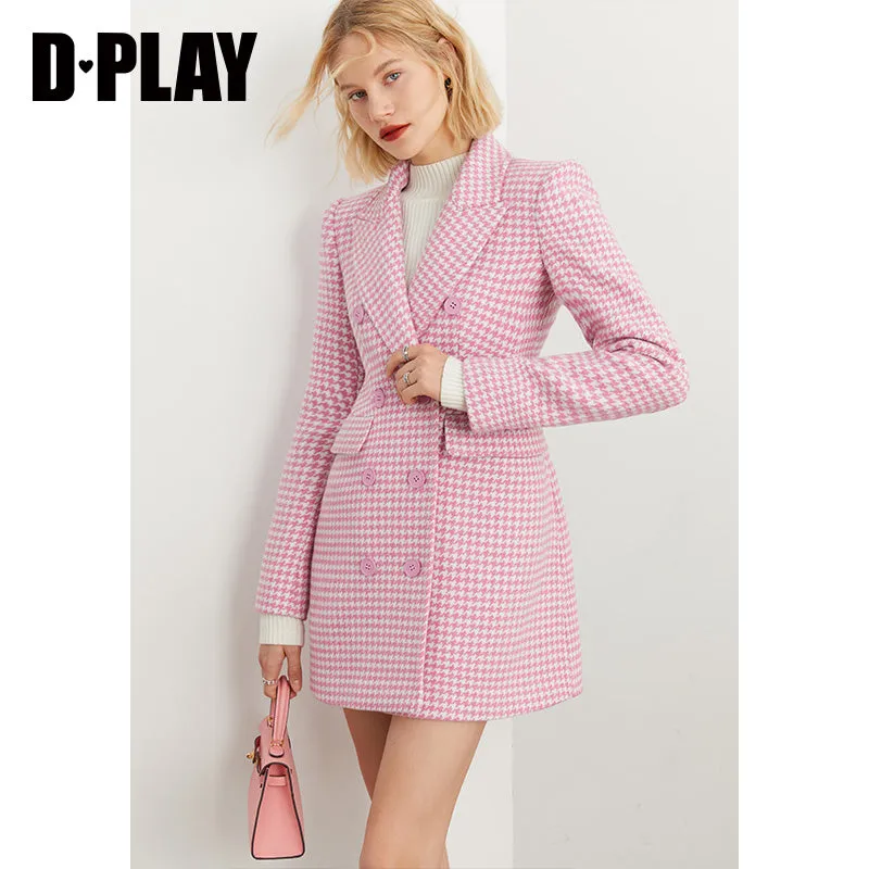 DPLAY pink hounds tooth saddle waist lapel suit woolen coat - Yoi