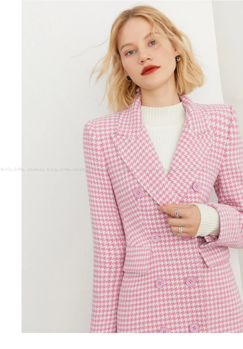 DPLAY pink hounds tooth saddle waist lapel suit woolen coat - Yoi