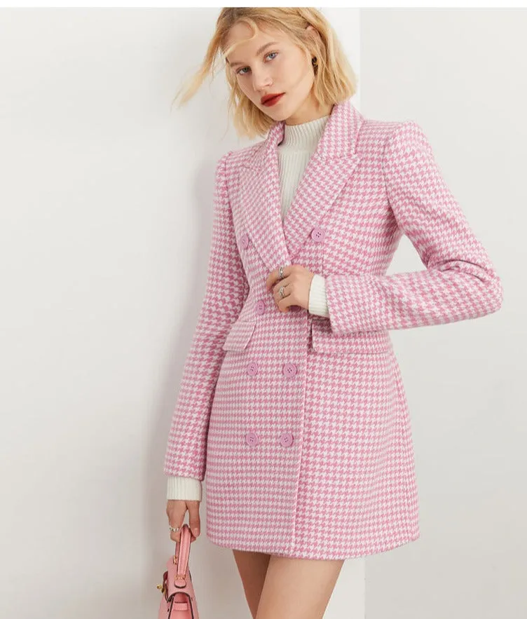 DPLAY pink hounds tooth saddle waist lapel suit woolen coat - Yoi