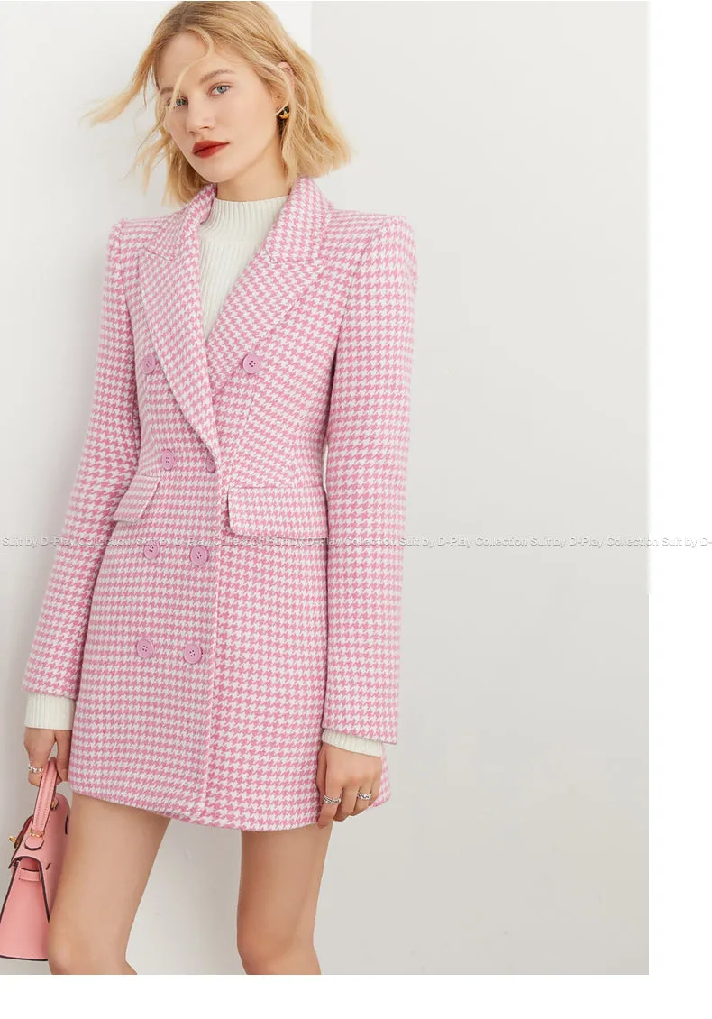 DPLAY pink hounds tooth saddle waist lapel suit woolen coat - Yoi