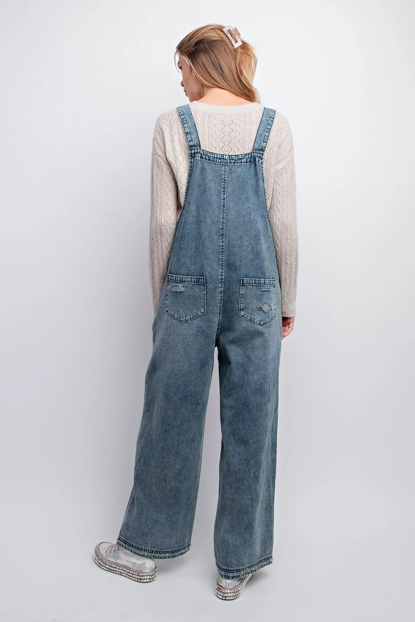 Easel Washed Denim Loose Fit Jumpsuit