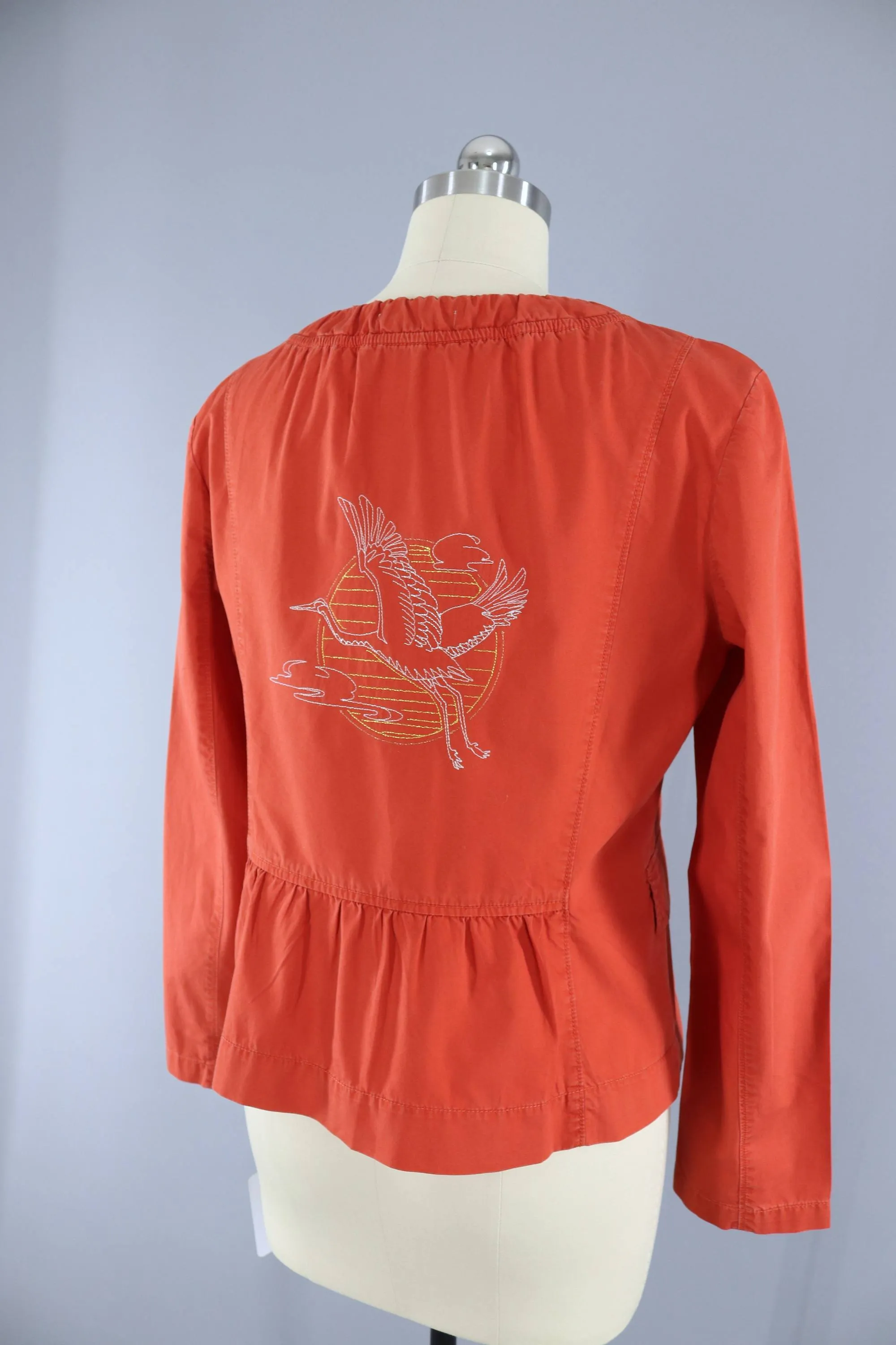 Embroidered Jacket / Flying Crane Floral Embroidery / Rust Orange