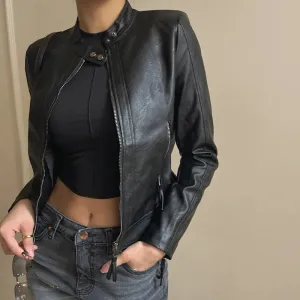 Fashion Black Basic Autumn Leather Jacket Women Motorcycle Streetwear Chic Zip Up Coat Cropped Outerwear Cool Jackets