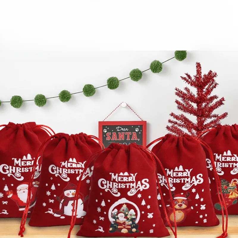 Festive Christmas Gift Bag Set - Corduroy Drawstring Pouches For Women, Perfect For Candy & Presents