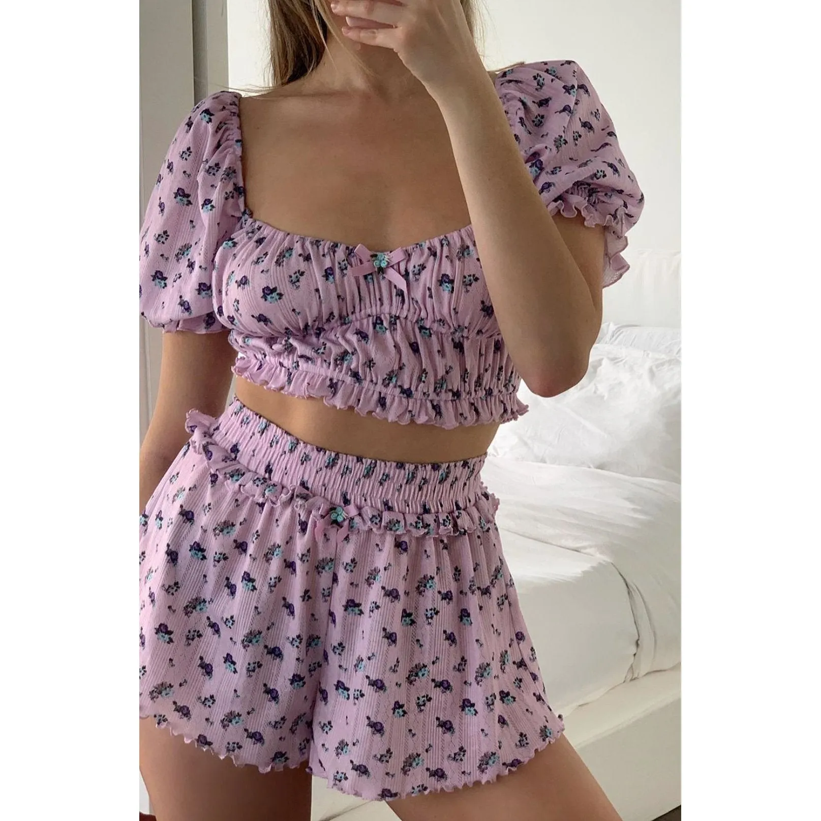 Floral Printed Women Square Neck Tops and Shorts Two-piece