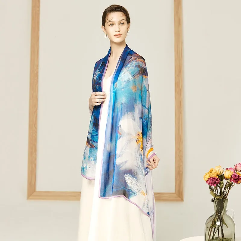 Flower Painting Long Chiffon Silk Scarf 200