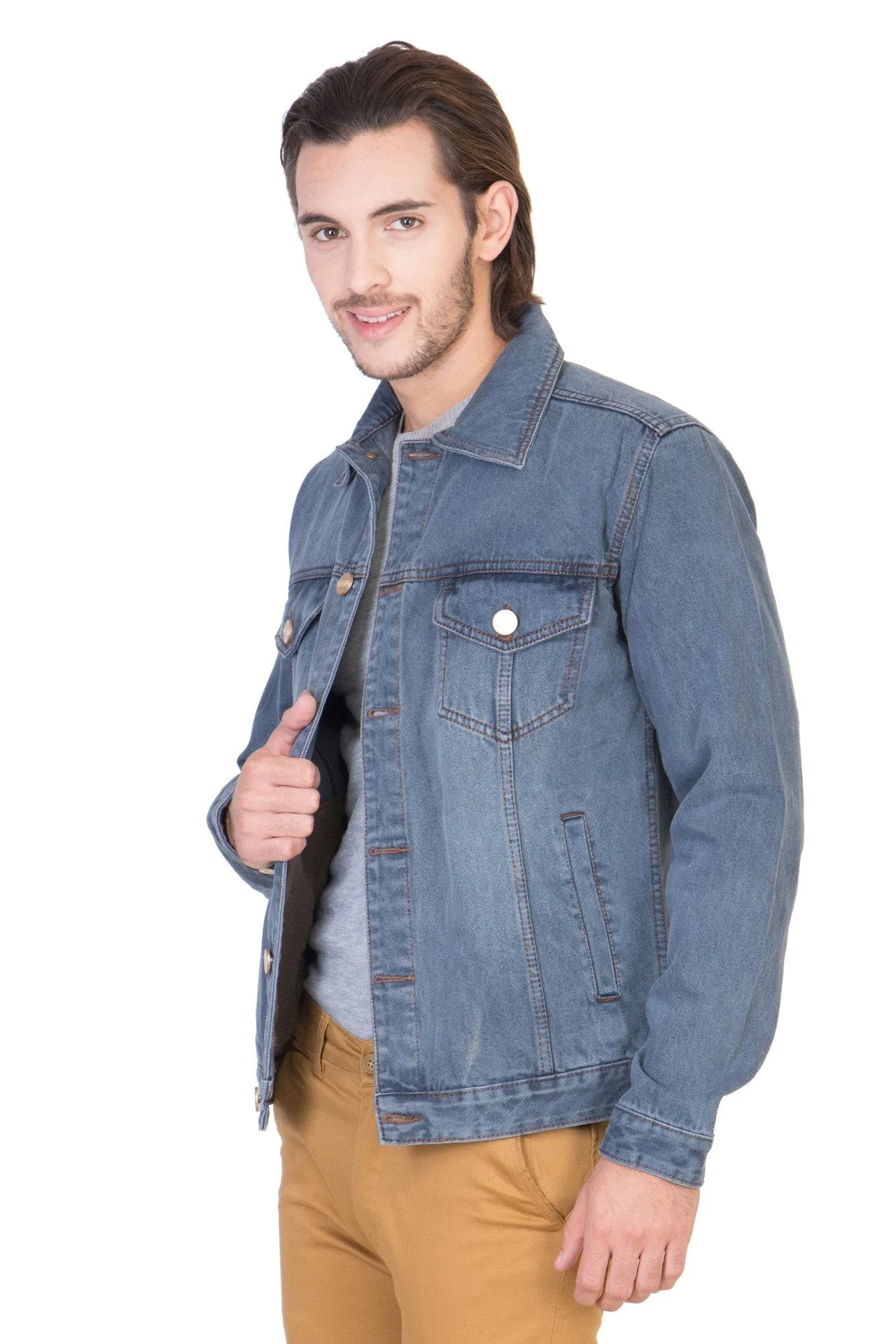 Full Sleeve Tinted Light Grey Men's Denim Jacket with Brass Buttons