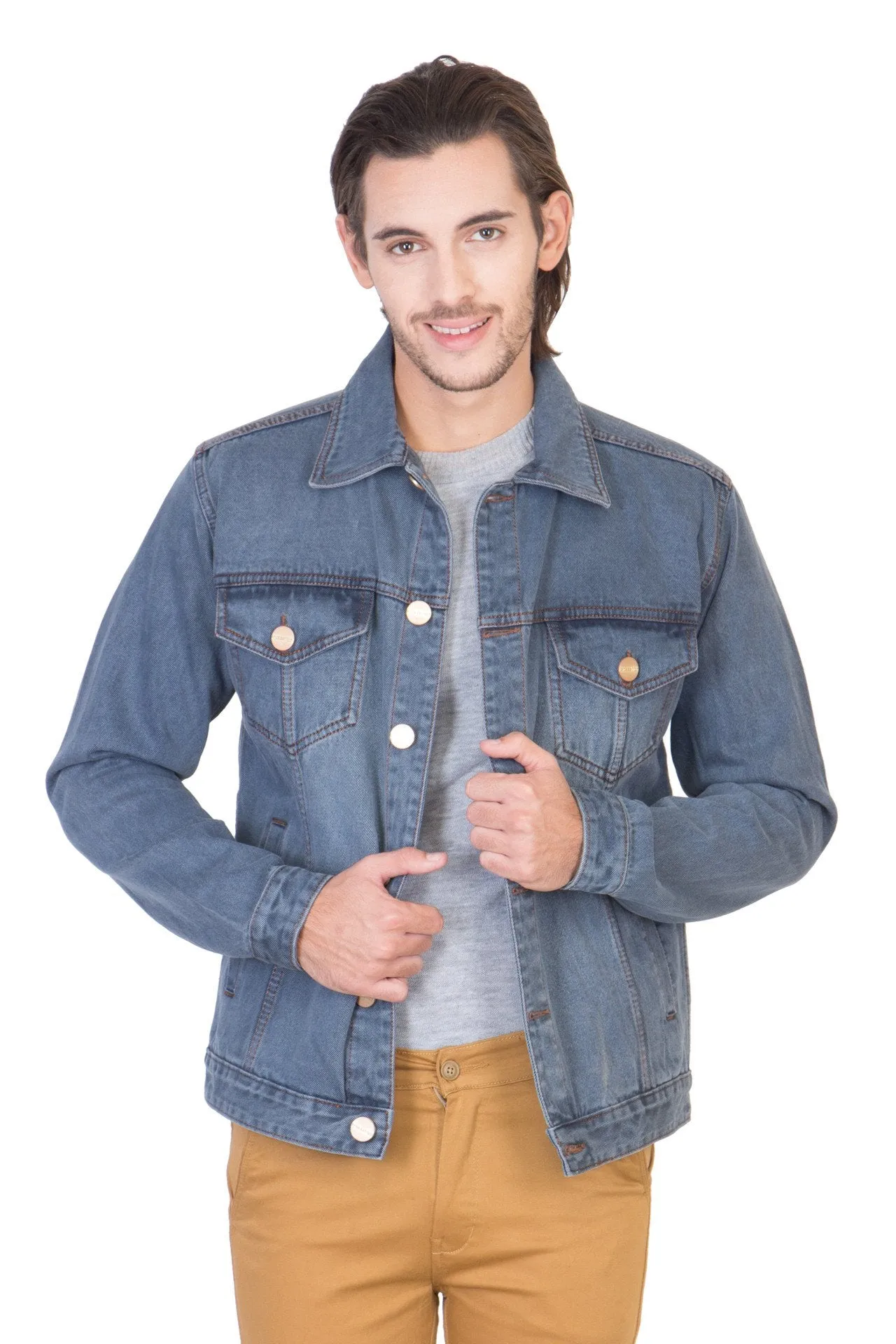 Full Sleeve Tinted Light Grey Men's Denim Jacket with Brass Buttons