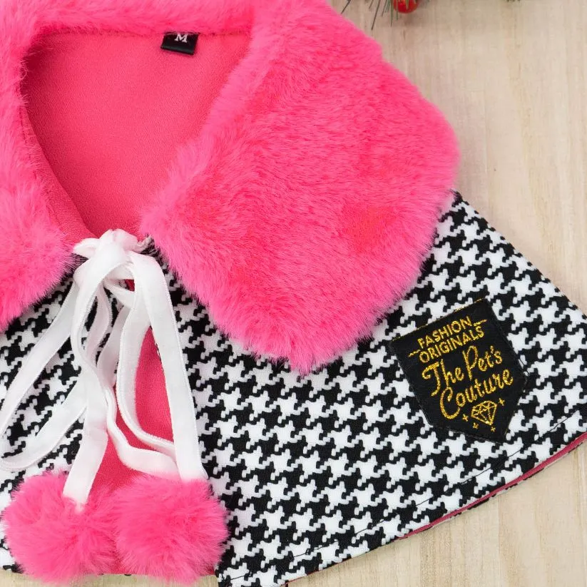 Fuscia Pink Faux Fur Collar Trench Coat in Houndstooth