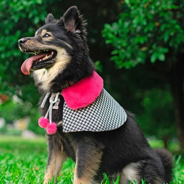 Fuscia Pink Faux Fur Collar Trench Coat in Houndstooth