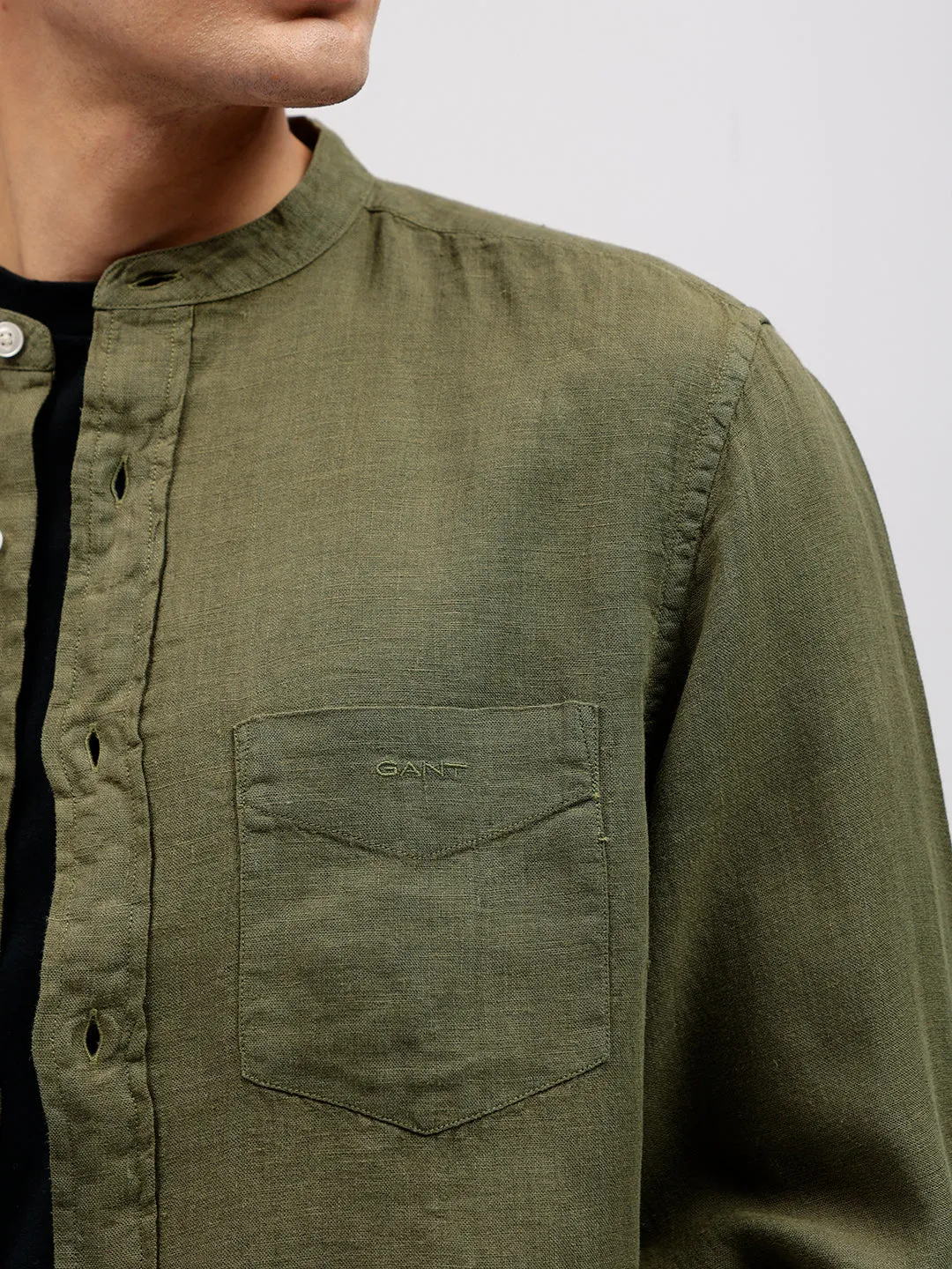 Gant Men Green Solid Band Collar Full Sleeves Linen Shirt