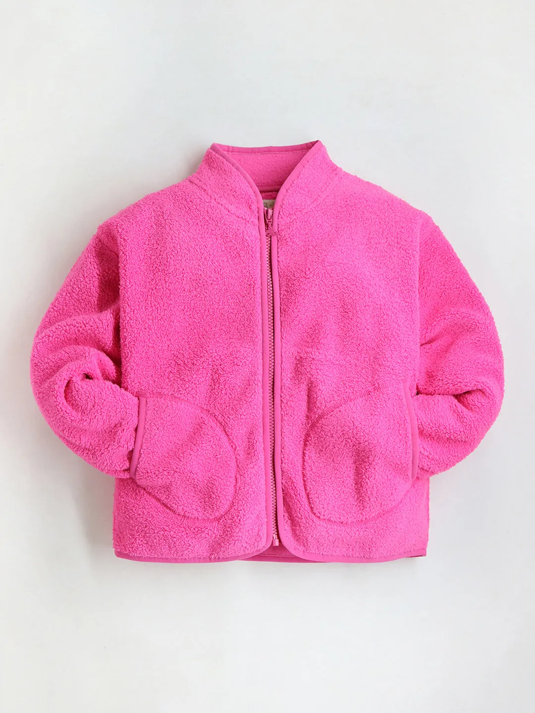 Girls' Hot Pink High Collar Full Sleeve Zipper Jacket for Ultimate Style