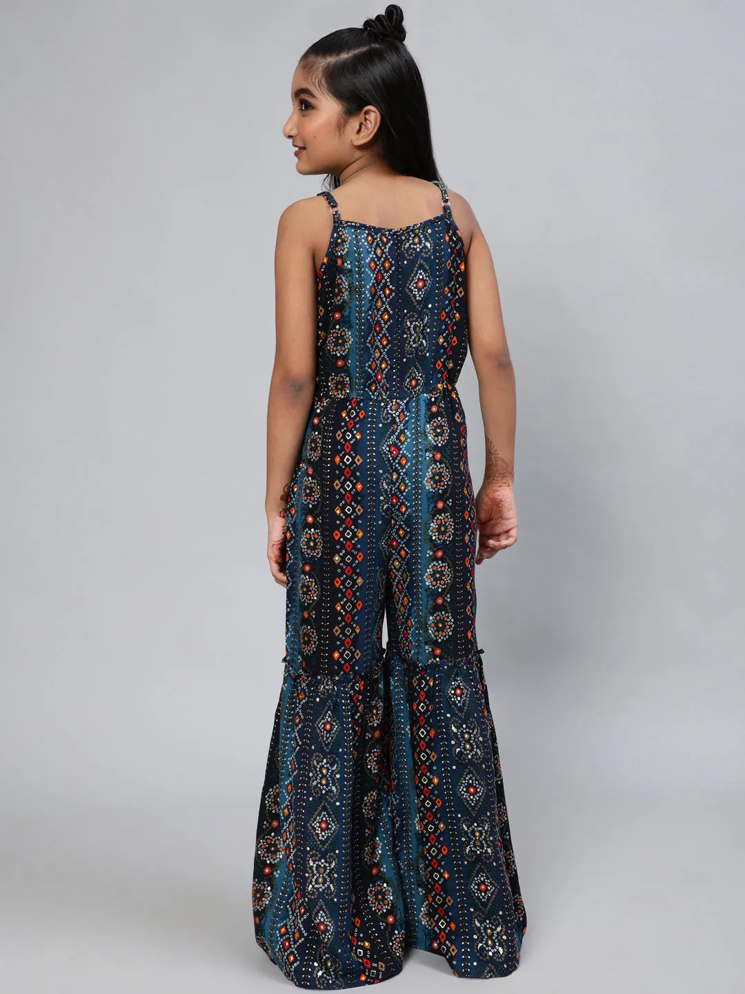 Girl's Navy Blue Bandhani Print Jumpsuit - Aks Girls