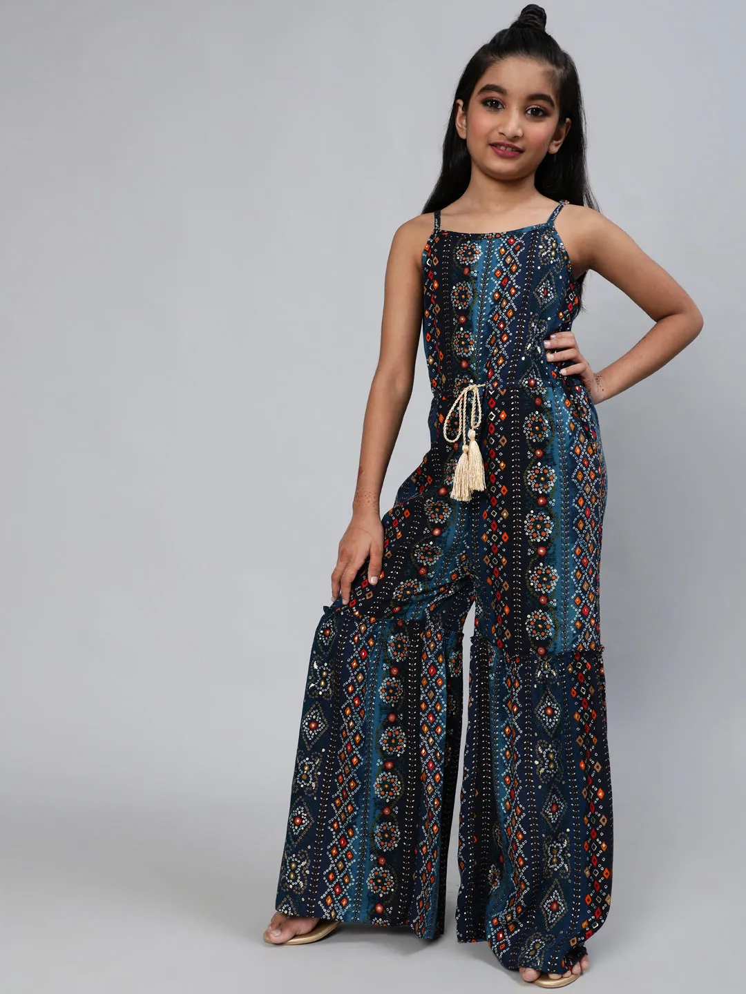 Girl's Navy Blue Bandhani Print Jumpsuit - Aks Girls