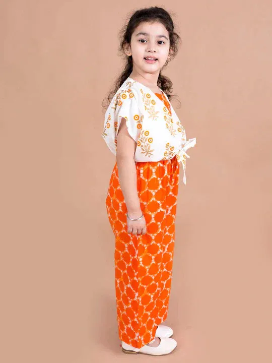 Girls Orange White Printed Cotton Basic Jumpsuit