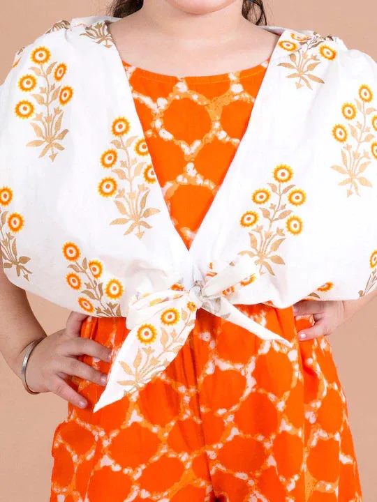 Girls Orange White Printed Cotton Basic Jumpsuit