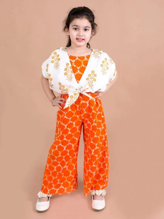 Girls Orange White Printed Cotton Basic Jumpsuit