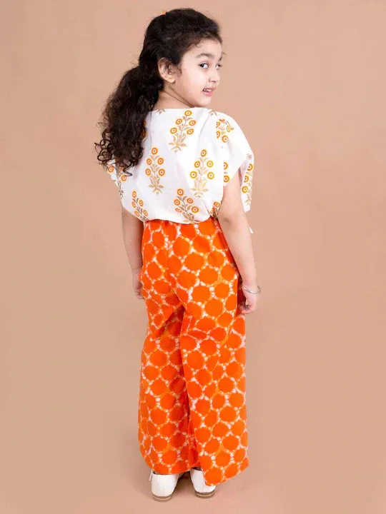 Girls Orange White Printed Cotton Basic Jumpsuit